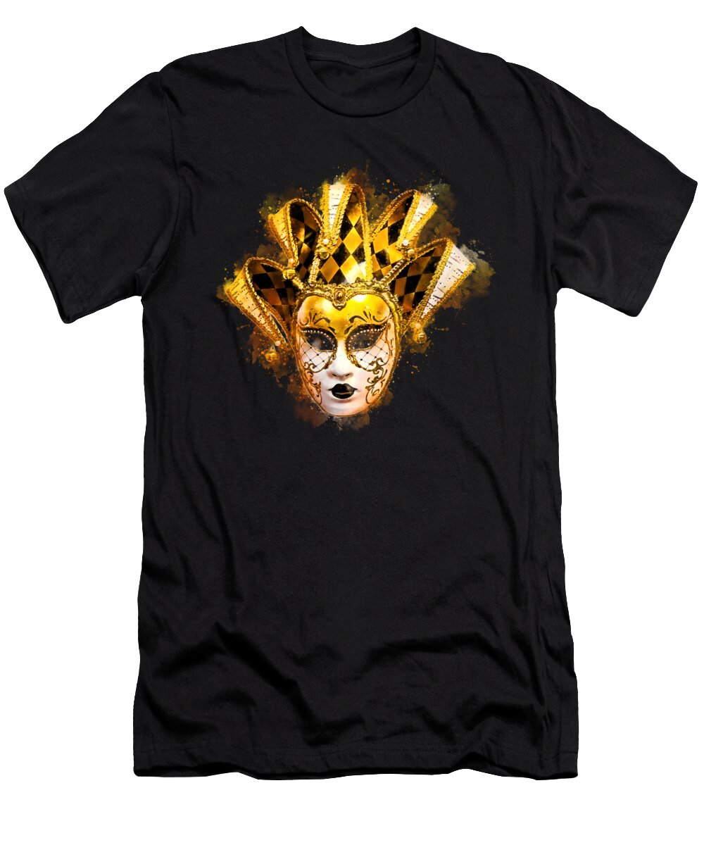 Harlequin Venetian Carnival Mask in Gold Watercolor Andreea Eva Herczegh T-Shirt