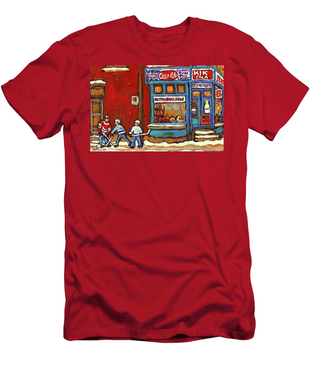 Hockey Game At the Corner Kik Cola Depanneur Resto Deli Verdun Winter Montreal Street Scene Carole Spandau T-Shirt