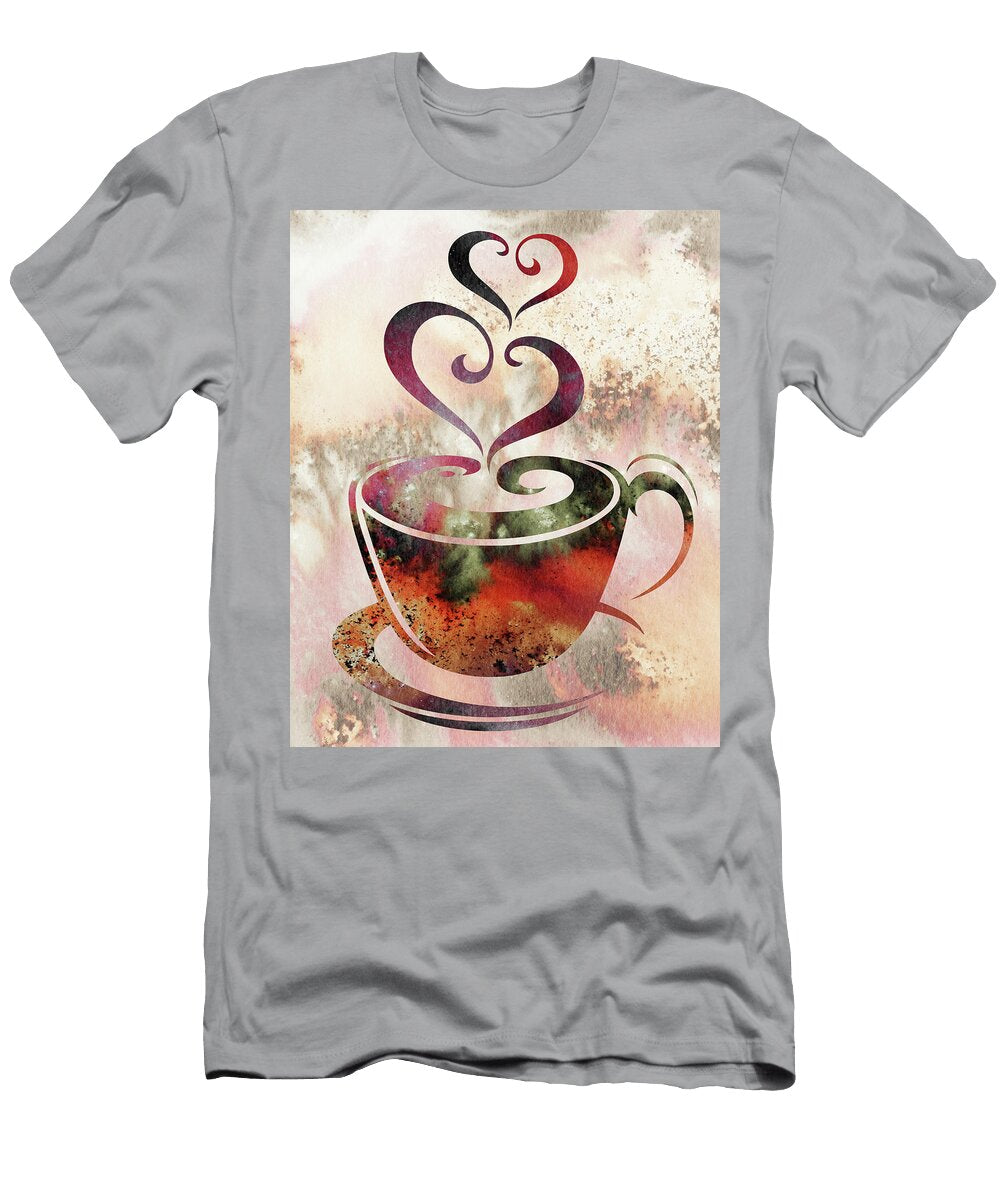 Hot Beige Brown Colorful Warm Coffee Cup with Two Sweet Hearts Watercolor Irina Sztukowski T-Shirt