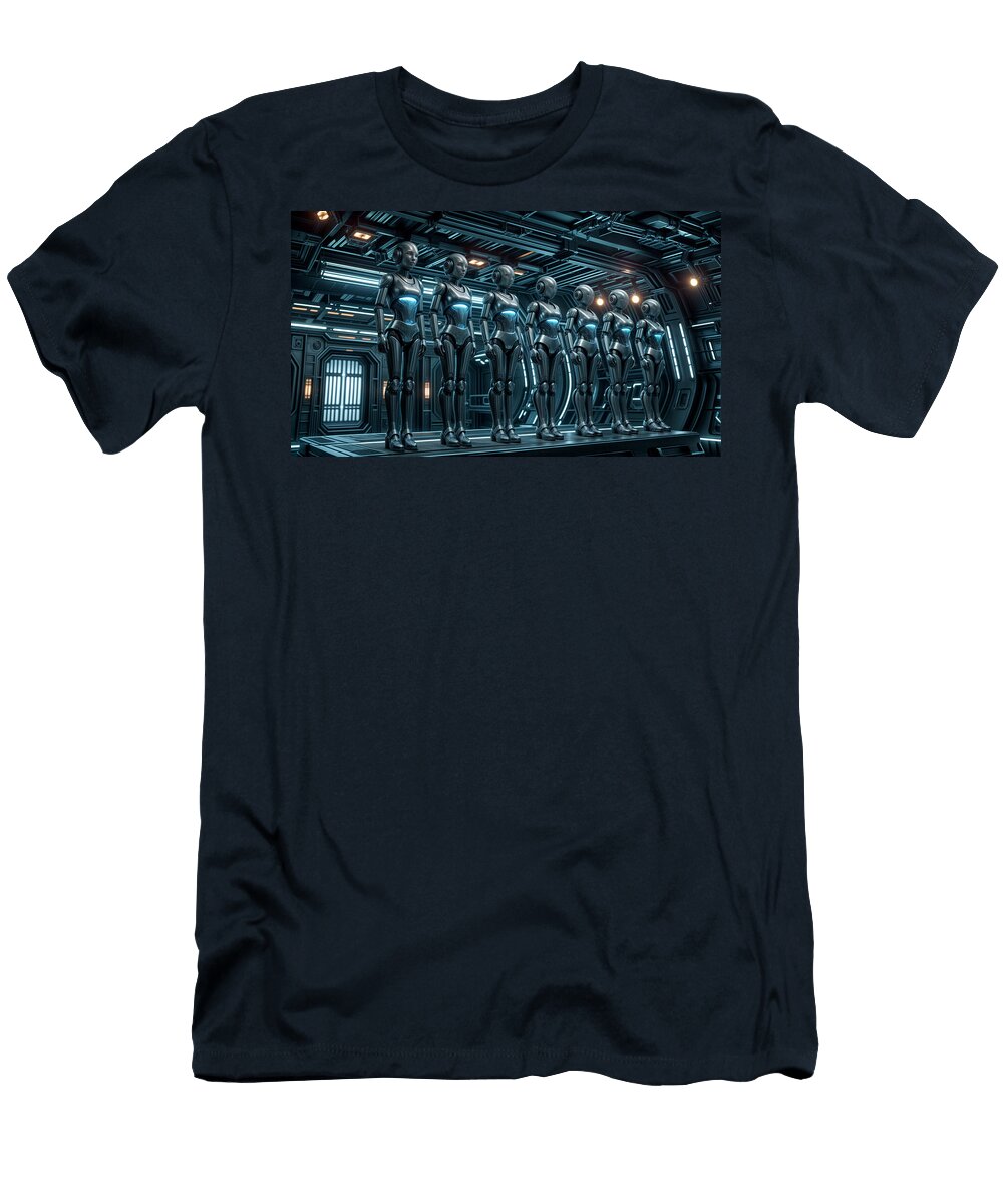 In a Futuristic Setting a Lineup of Humanoid Robots Stands in a Metallic Room Mango Art T-Shirt