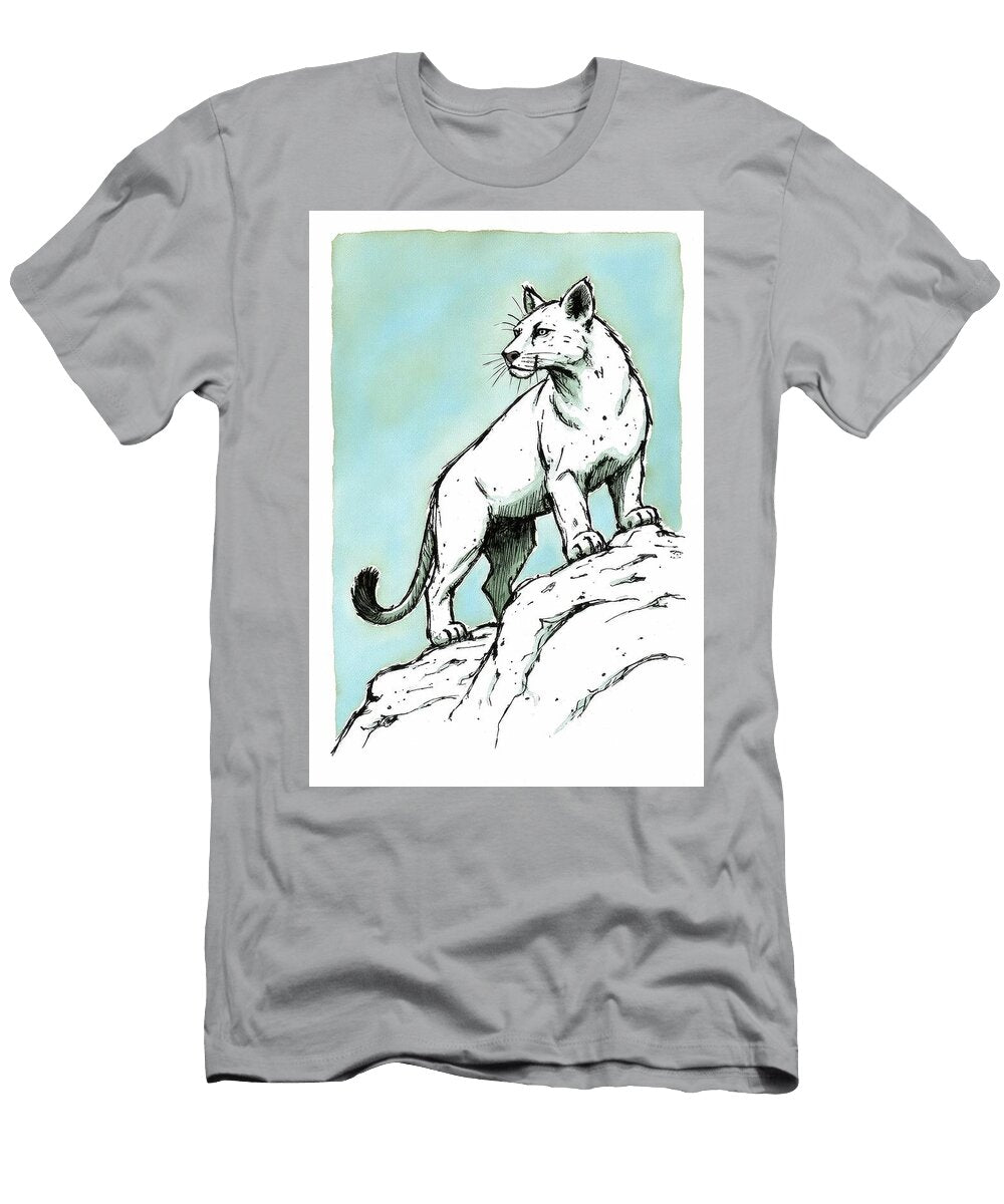 Ink Drawing of a Mountain Lion on a Rocky Ledge Wall Art Prints T-Shirt