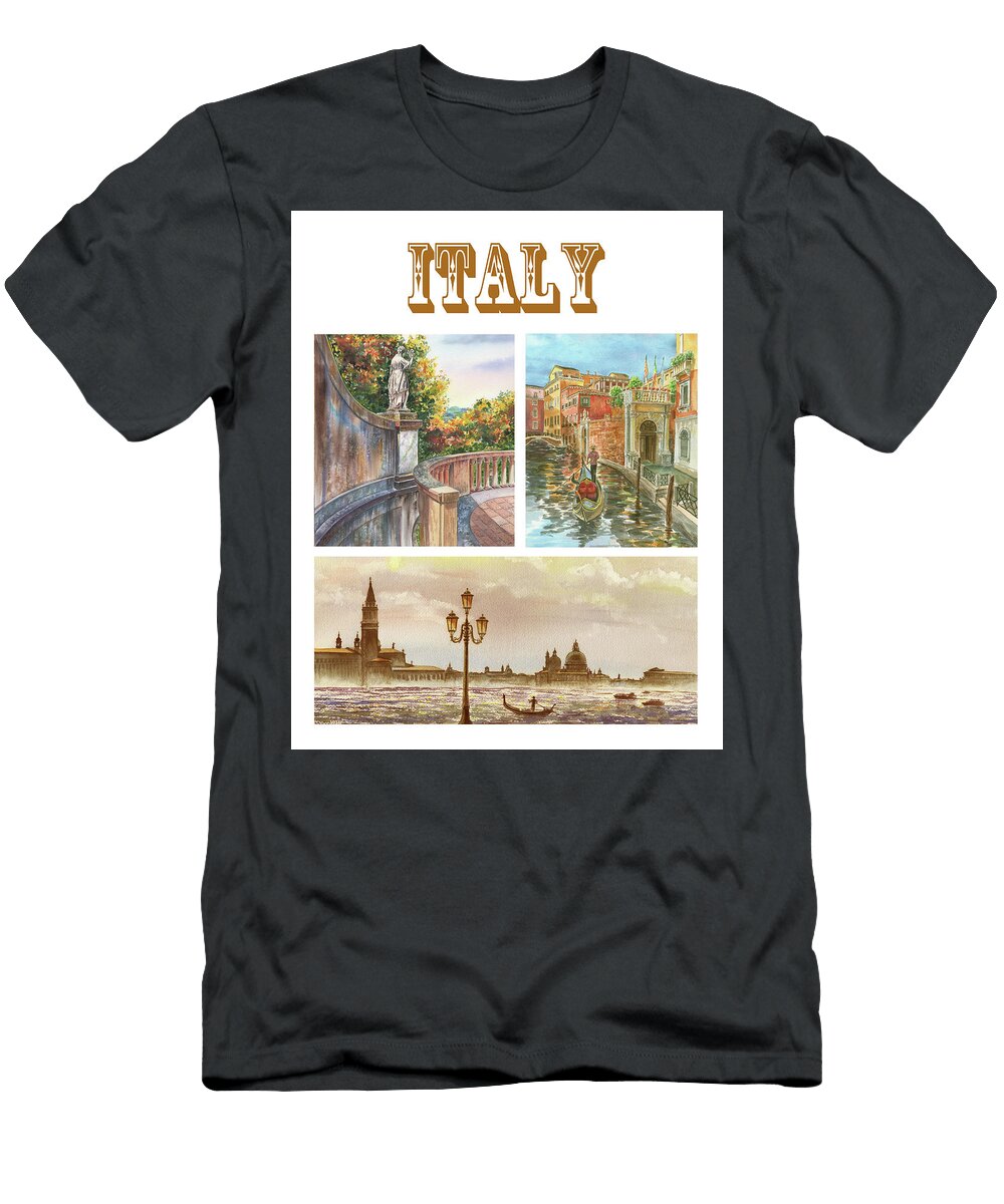Italy Watercolor Florence Boboli Venice Church and Canal Gondola Irina Sztukowski T-Shirt