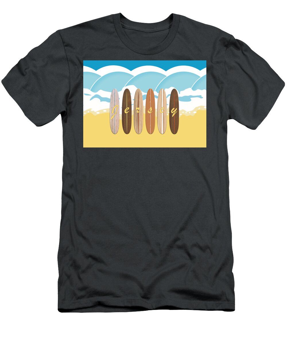 Jersey Channel Islands Retro Vintage Surfboards on Wave Beach Barefoot Bodeez Art T-Shirt