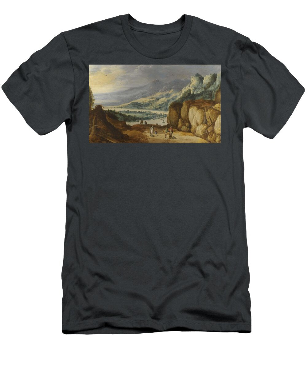 Joos De Momper Antwerp 1564 1635 an Extensive Mountainous River Landscape with Horsemen Conversing Joos De Momper Antwerp T-Shirt
