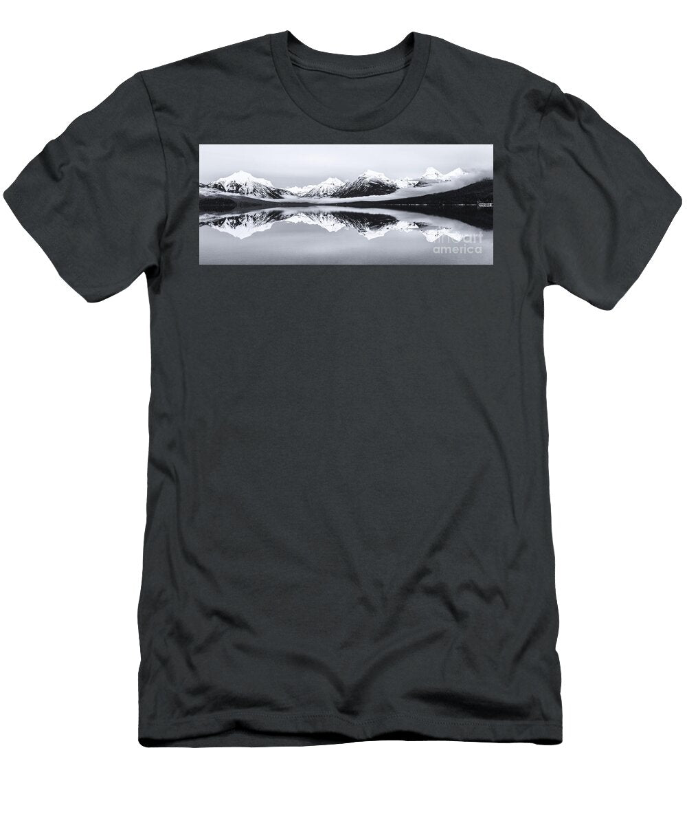 Lake Mcdonald with Rocky Shore and Mountain Reflections Black and White Landscape Dmr Filho T-Shirt
