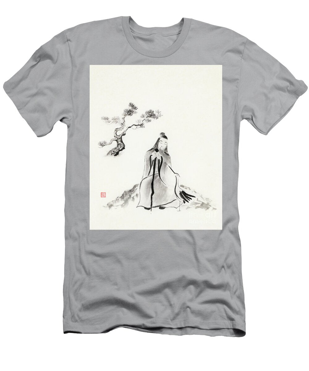 Lao Tzu Old Sage Conversing with a Heron Sumi E Painting on Beig Awen Fine Art Prints T-Shirt