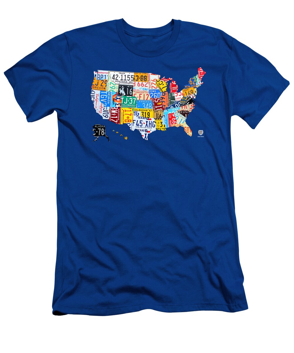 License Plate Map of the USA on Royal Blue Design Turnpike T-Shirt