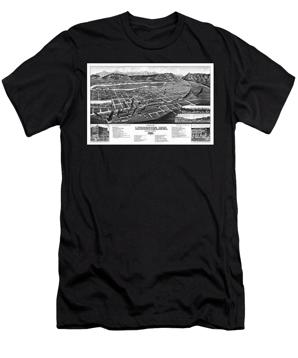 Livingston Montana Vintage Map Birds Eye View 1883 Black and White Carol Japp T-Shirt