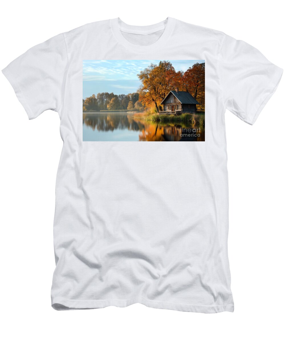 Log Cabin By the Lake in Fall Delphimages Photo Creations T-Shirt