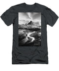 Majestic Mountain Peak with Winding River Landscape Black and White Dmr Filho T-Shirt