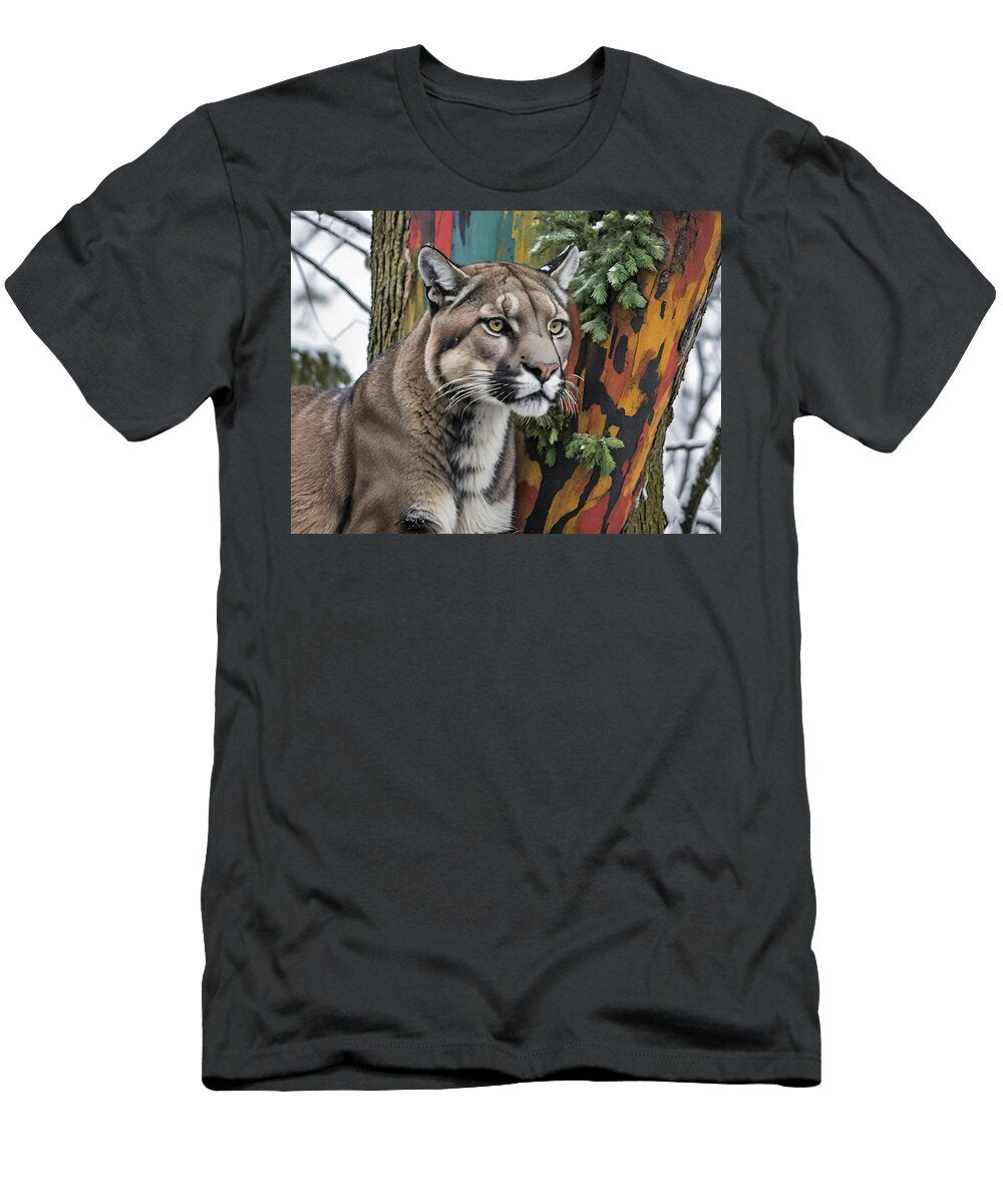 Majestic Puma Beside Vibrant Painted Tree Winter Wildlife Digital Art Jon Fennel T-Shirt