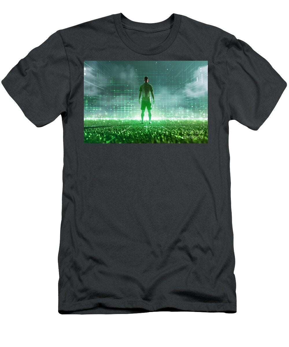 Man in Digital Grid Field Symbolizing Traditional and Futuristic Sports Michal Bednarek T-Shirt