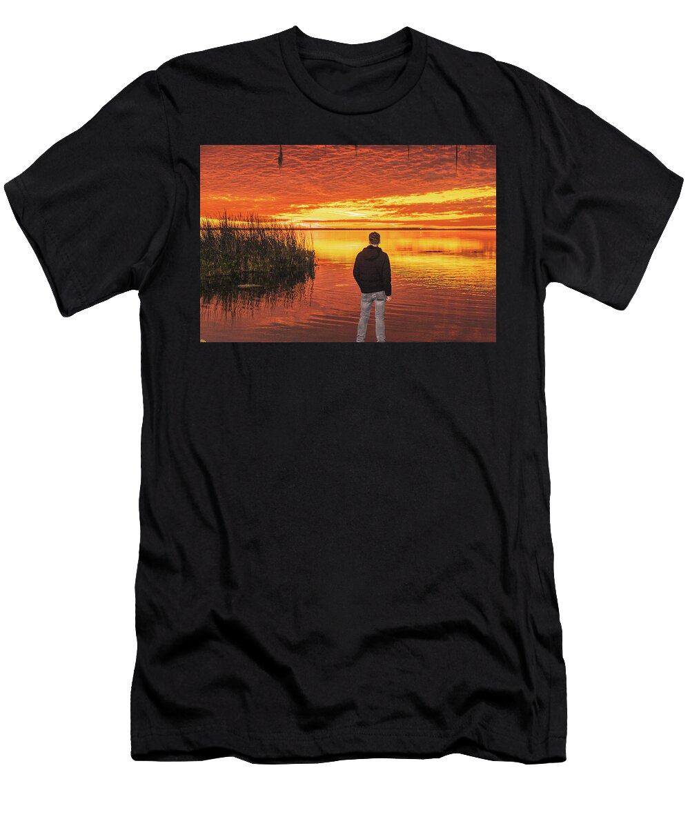 Man Reflects By Vibrant Sunset Lake Garth Steger T-Shirt