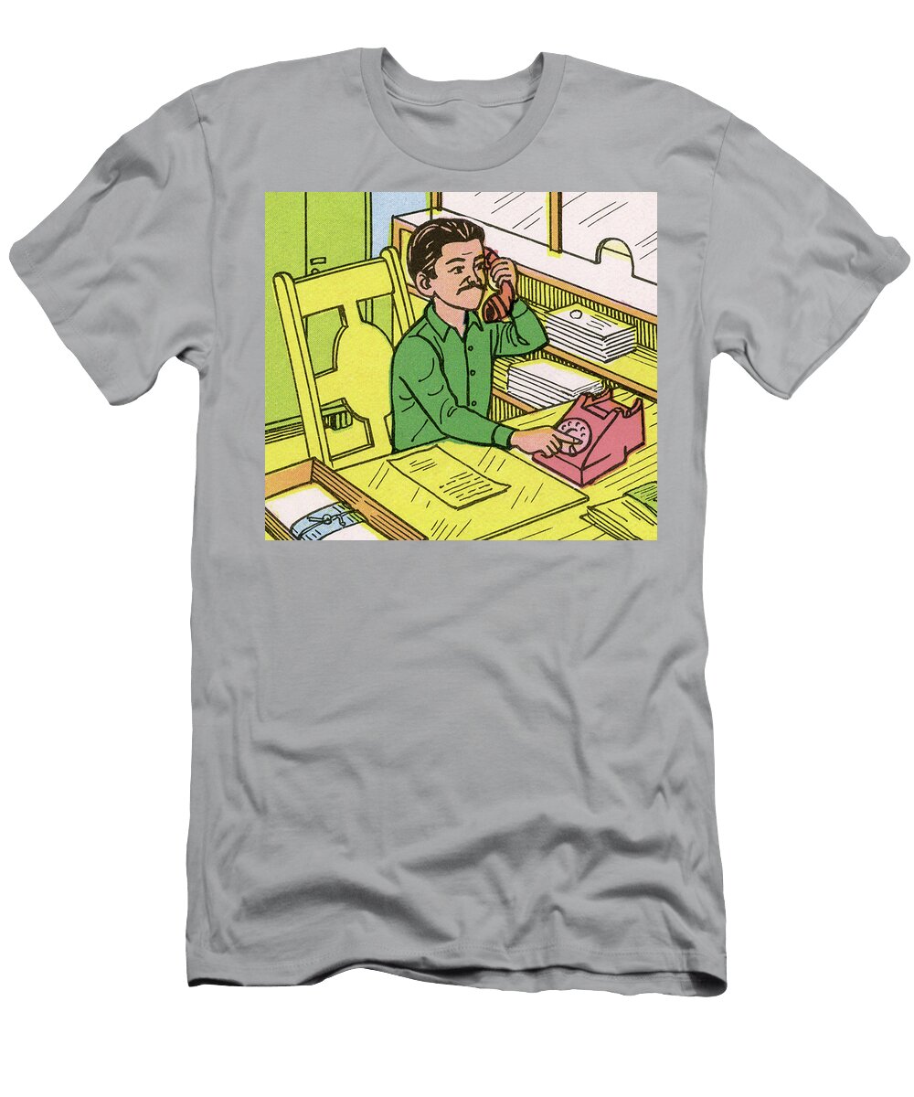 Man Sitting At Desk Using the Telephone Csa Images T-Shirt