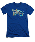 Map of Jersey Channel Islands in Turquoise Stitched Psychedelic Text Barefoot Bodeez Art T-Shirt