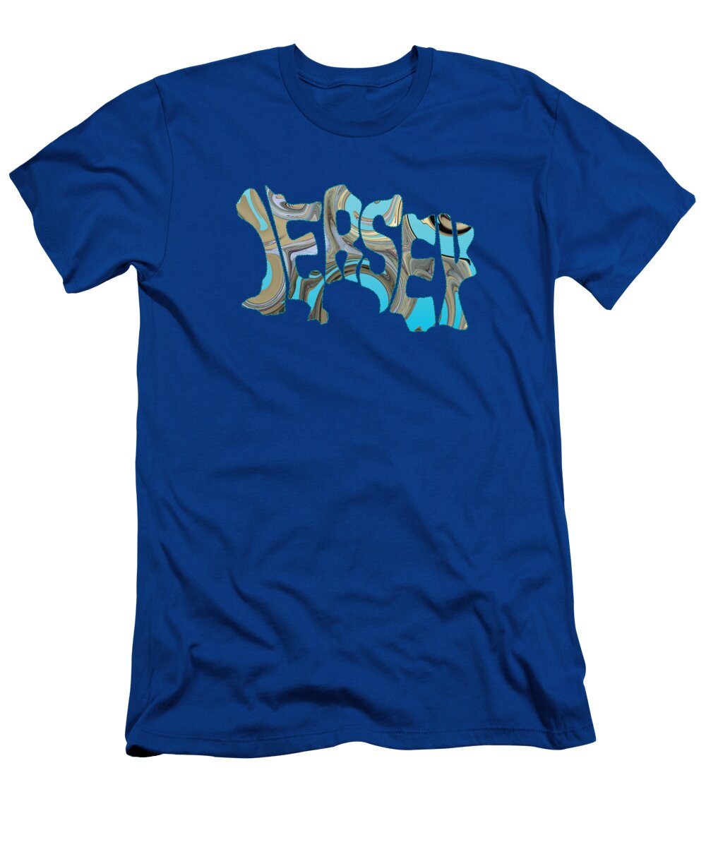 Map of Jersey Channel Islands in Turquoise Stitched Psychedelic Text Barefoot Bodeez Art T-Shirt