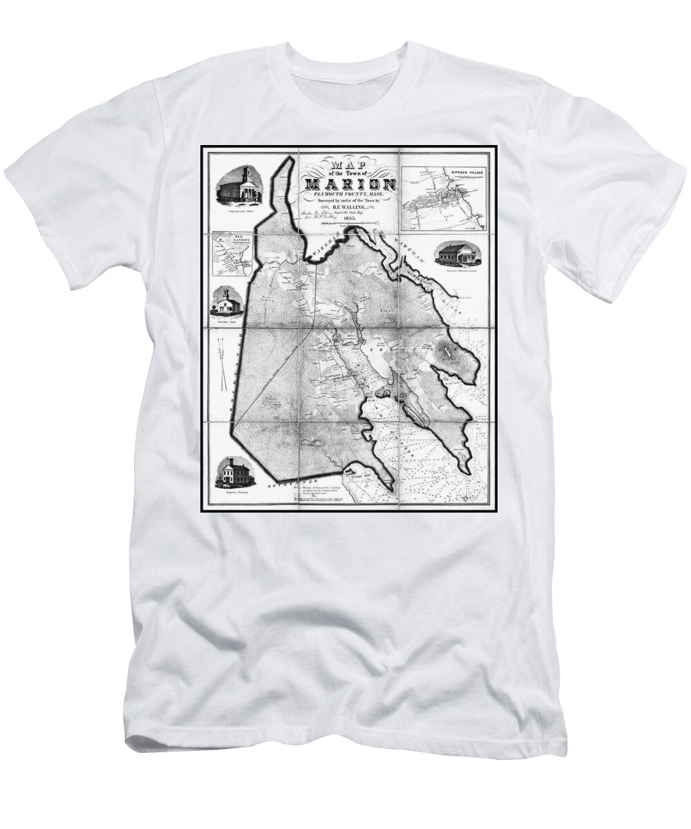 Marion Massachusetts Vintage Map 1855 Black and White Carol Japp T-Shirt