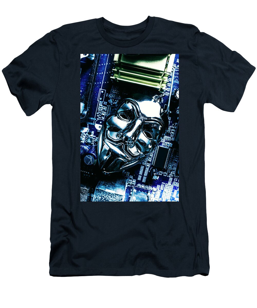 Metal Anonymous Mask on Motherboard Jorgo Photography Wall Art Gallery T-Shirt