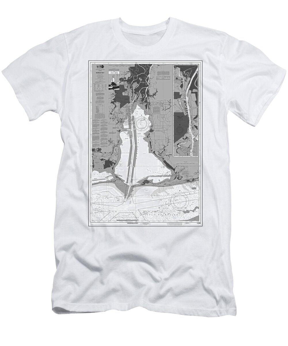 Mobile Bay Alabama Gulf Coast Nautical Chart Map 2024 Black and White Carol Japp T-Shirt