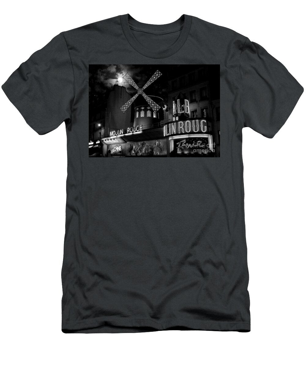 Moulin Rouge Under a Full Moon Parisian Cabaret Visual Narrative in Black and White Dmr Filho T-Shirt