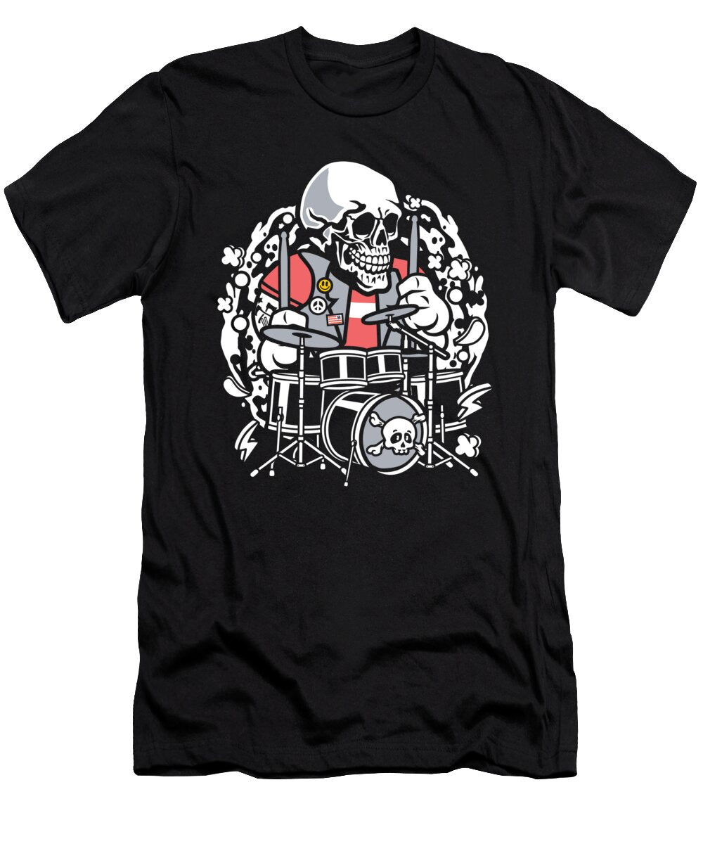 Music Drumming Musicians Drums Rock Bands Gift Drummer Skull Funny Thomas Larch T-Shirt