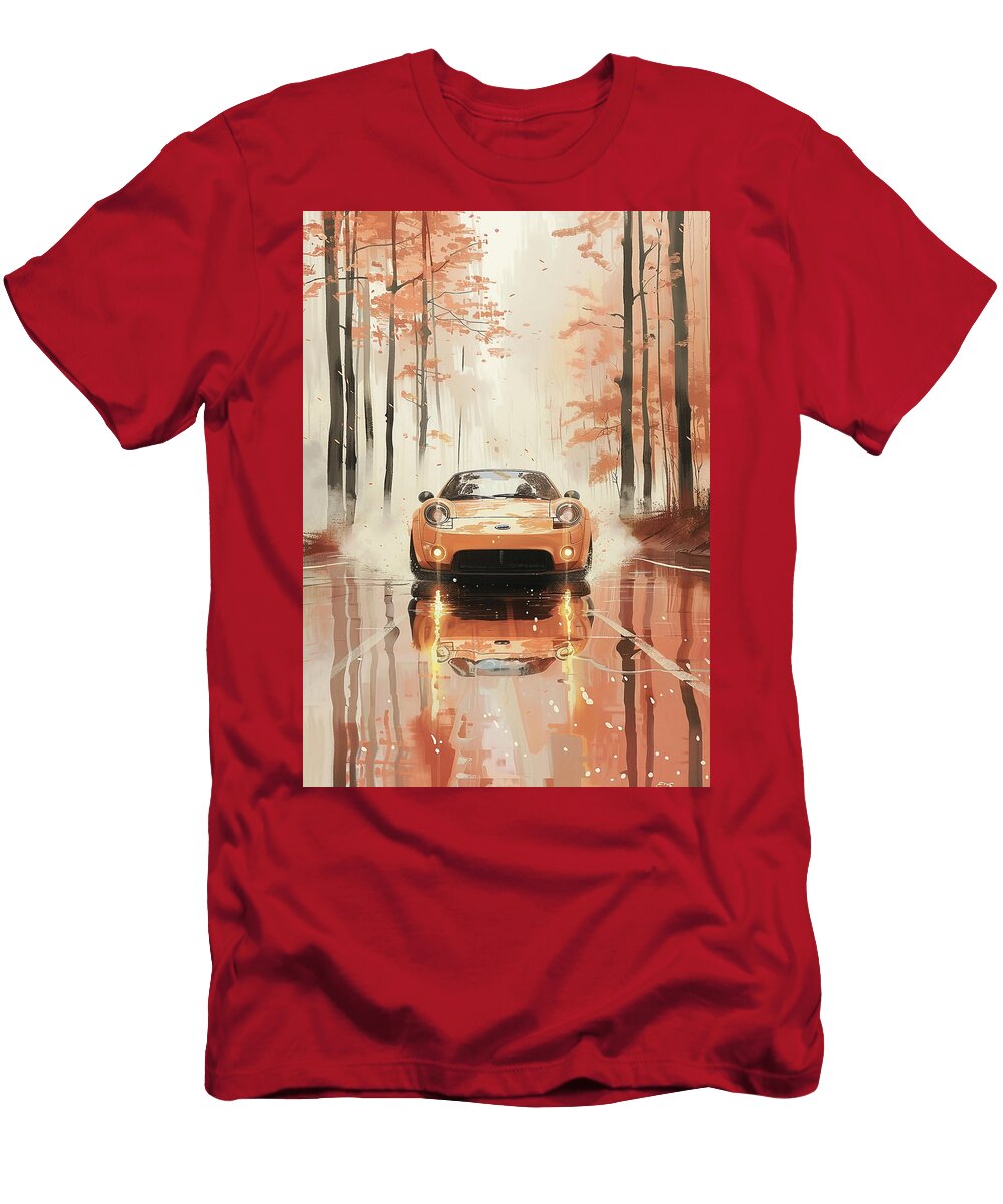 Orange Ford Puma Car Driving Through Autumn Forest Road Destiney Sullivan T-Shirt