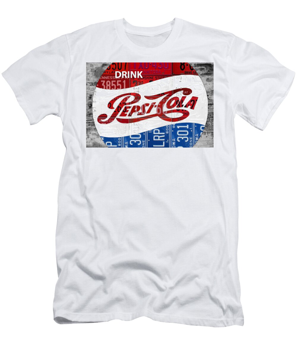 Pepsi Cola Vintage Logo Recycled License Plate Art on Brick Wall Design Turnpike T-Shirt