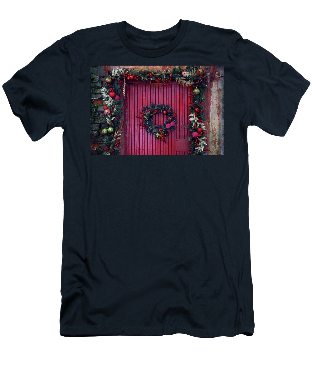 Pine Garland for Christmas Hanging on Red Elena Saulich T-Shirt