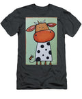 Playful Moo Cow Flaunting Its Big Orange Muzzle and Black Spots Against Soft Green Backdrop Olfactoart Studio T-Shirt