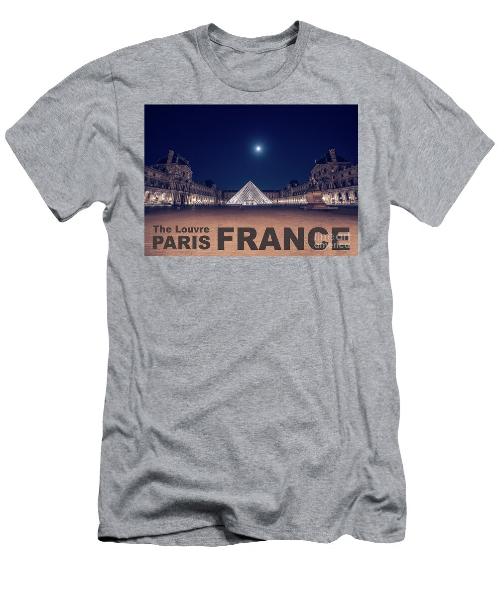 Poster of the Louvre Museum At Night with Moon Above the Pyrami Porqueno Studios T-Shirt