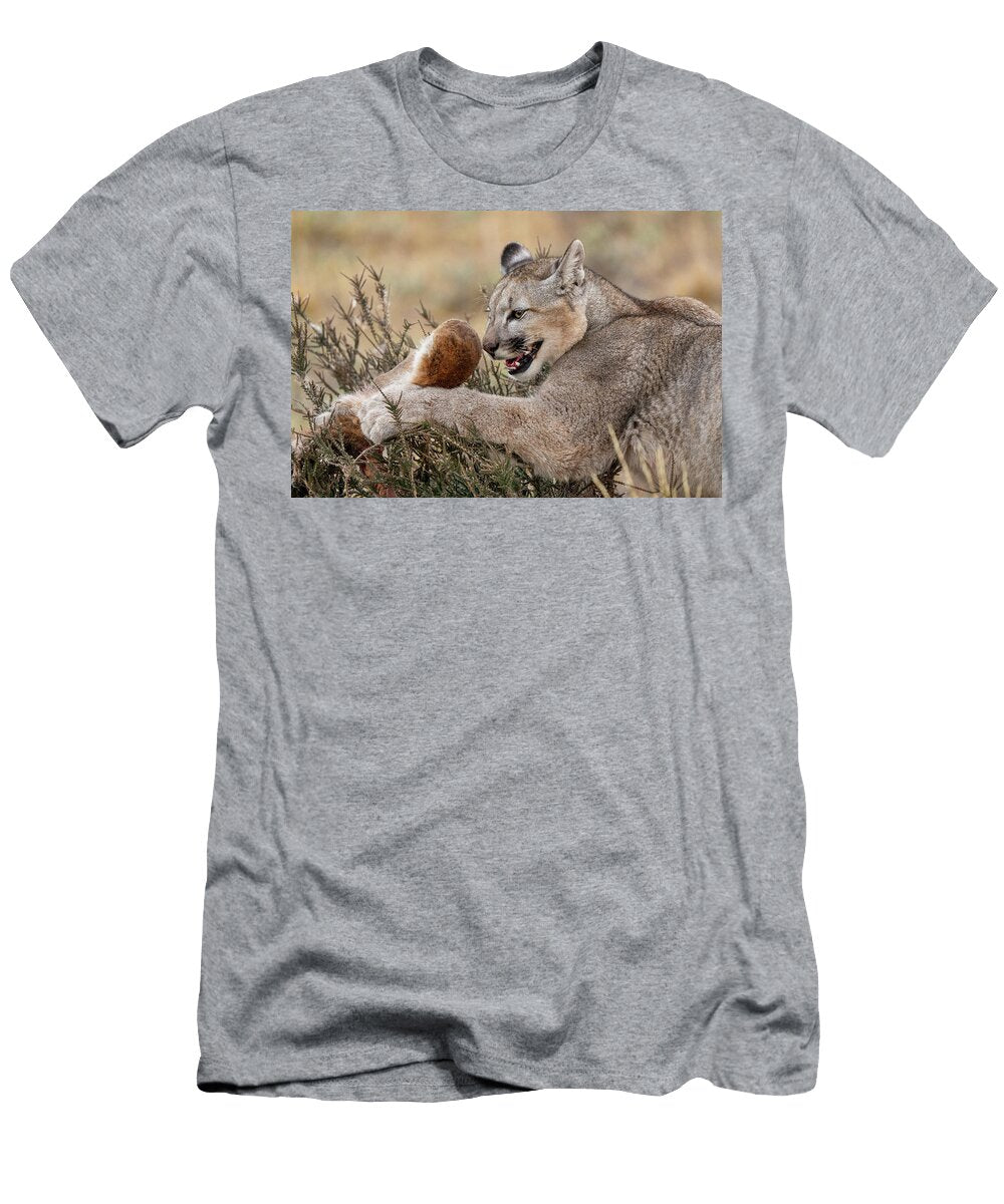 Puma Cub Grasping Guanaco Prey Torres Del Paine National Lucas Bustamante Natureplcom T-Shirt