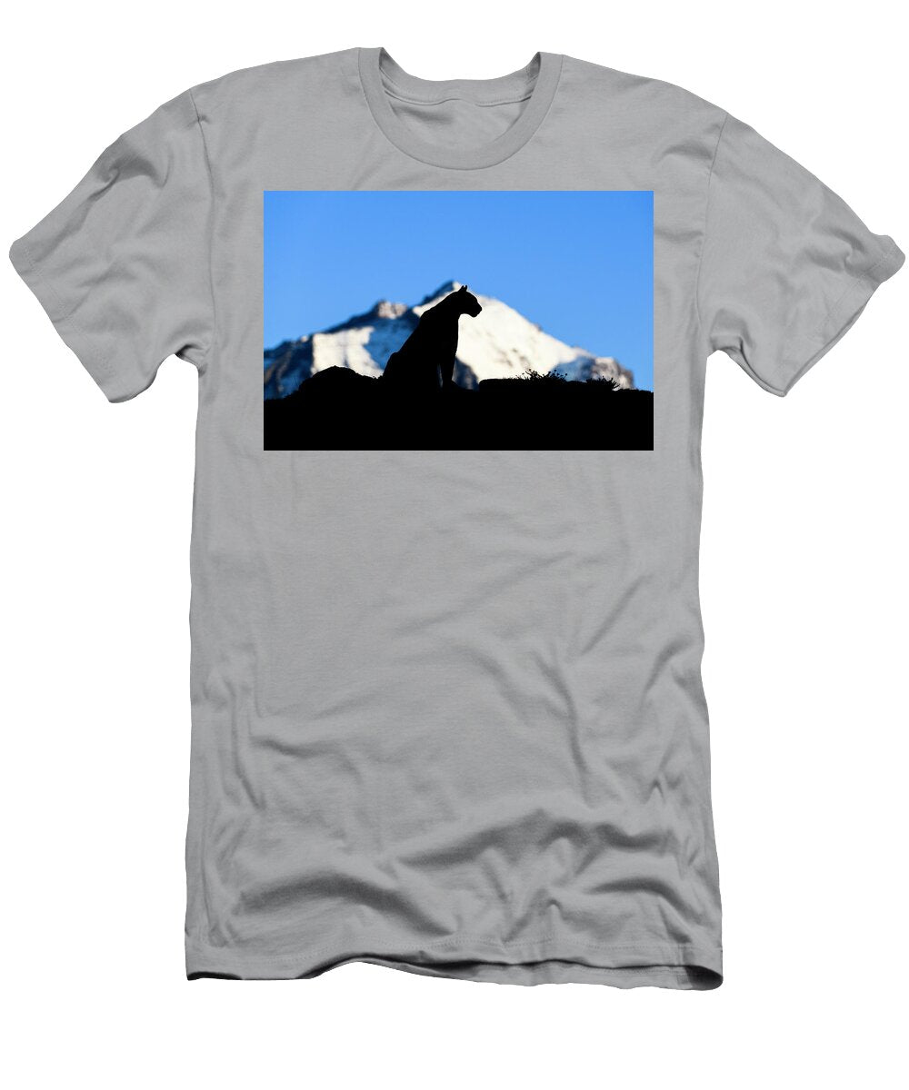 Puma Female Silhouetted Against Snow Covered Peaks of Nick Garbutt Natureplcom T-Shirt