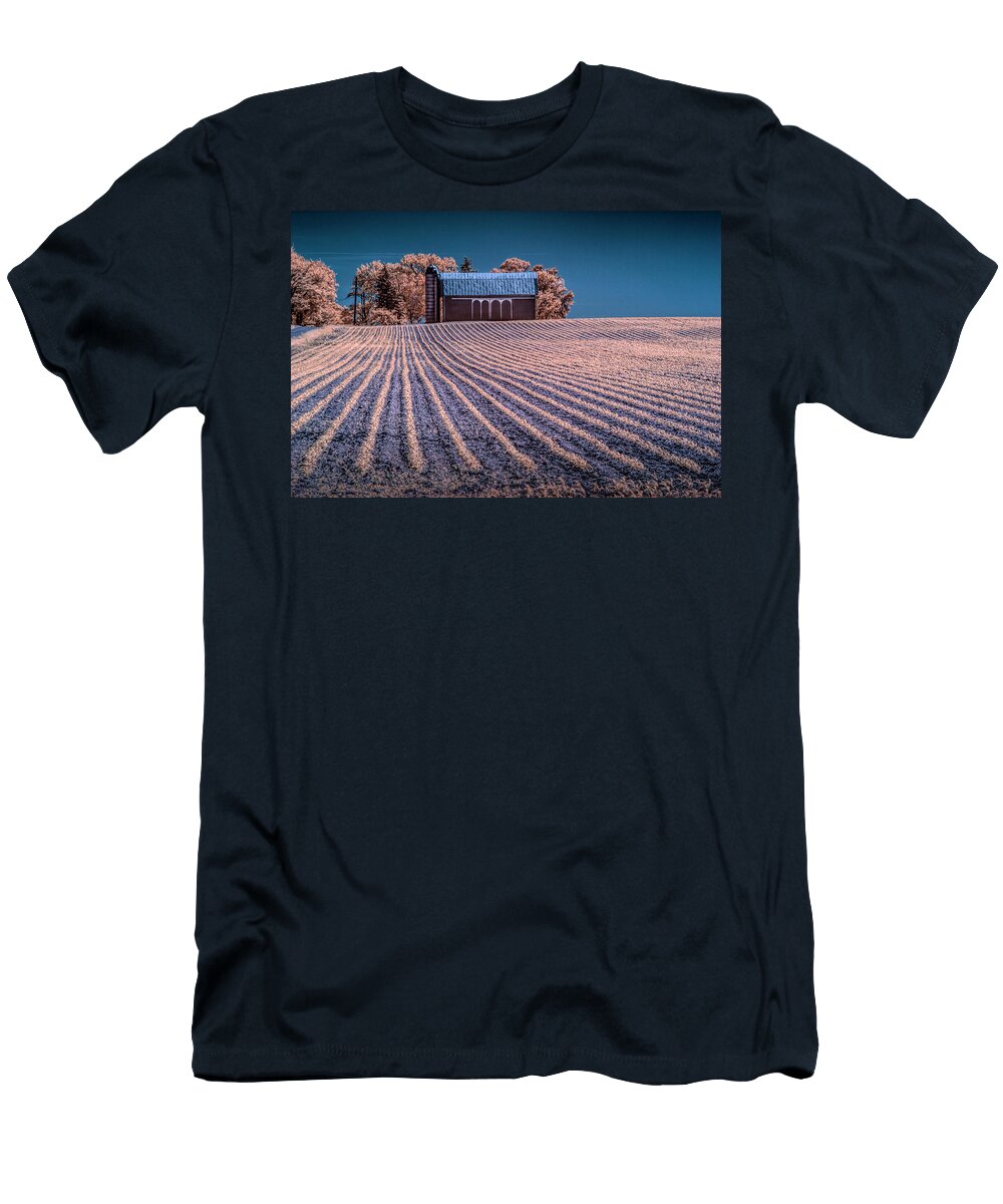 Rows in a Farm Field with Barn and Silo in Infrared Randall Nyhof T-Shirt