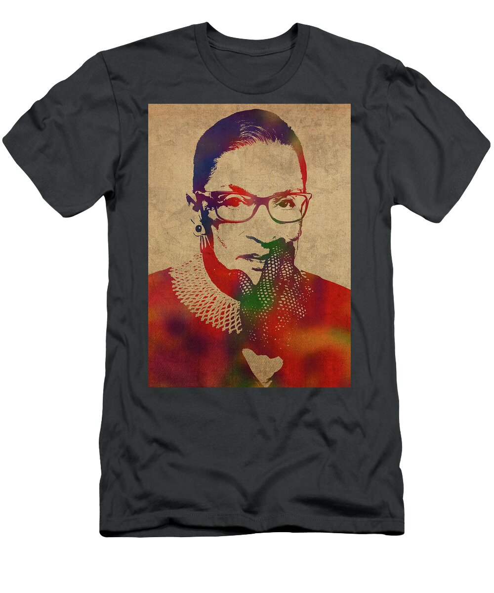 Ruth Bader Ginsburg Watercolor Portrait on Distressed Canvas Design Turnpike T-Shirt