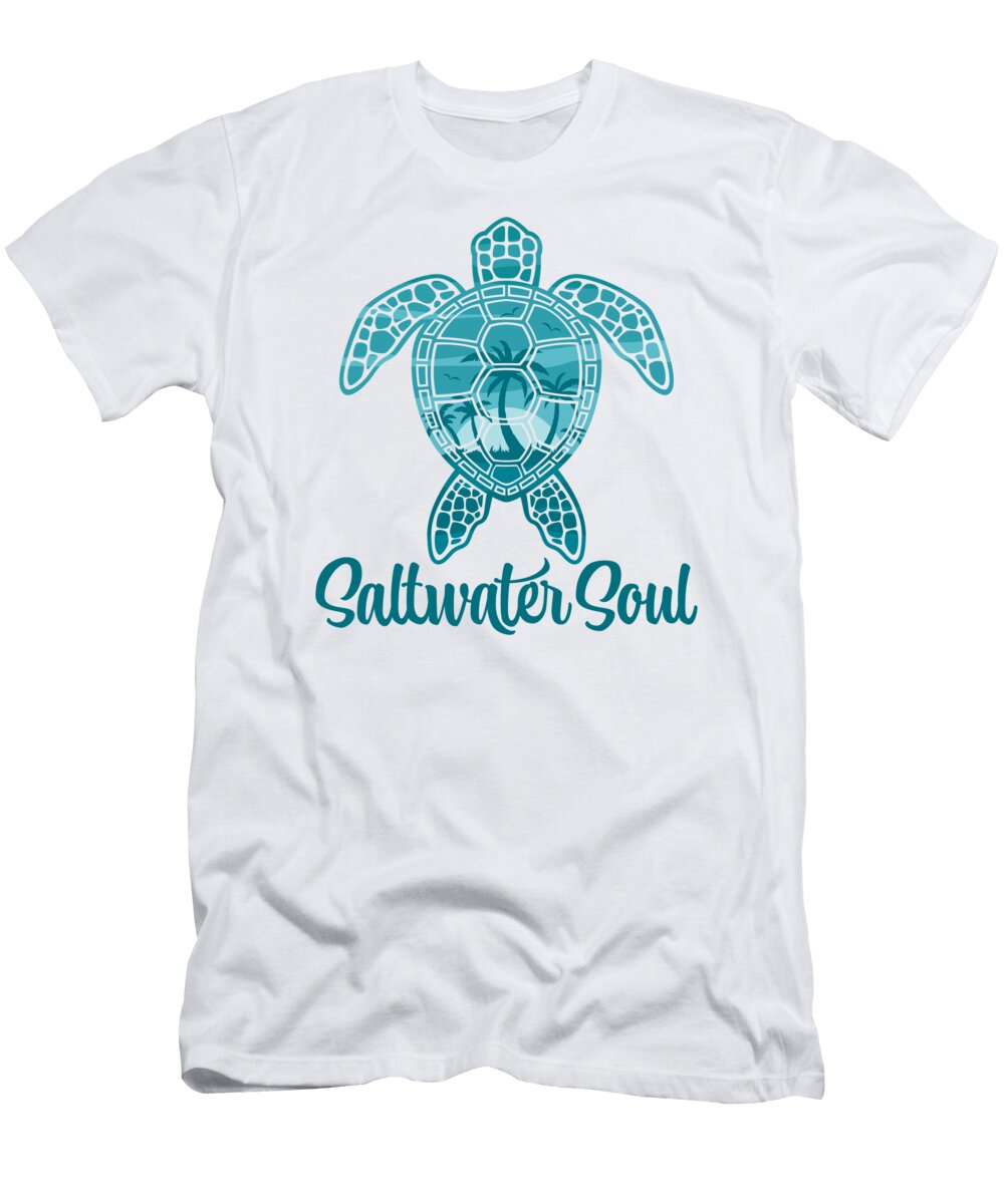 Saltwater Soul Tropical Sea Turtle with Palm Trees John Schwegel T-Shirt