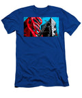 Saxophonist Playing Music Against Modern Architecturally Striking Buildings Bright Red Black Olfactoart Studio T-Shirt