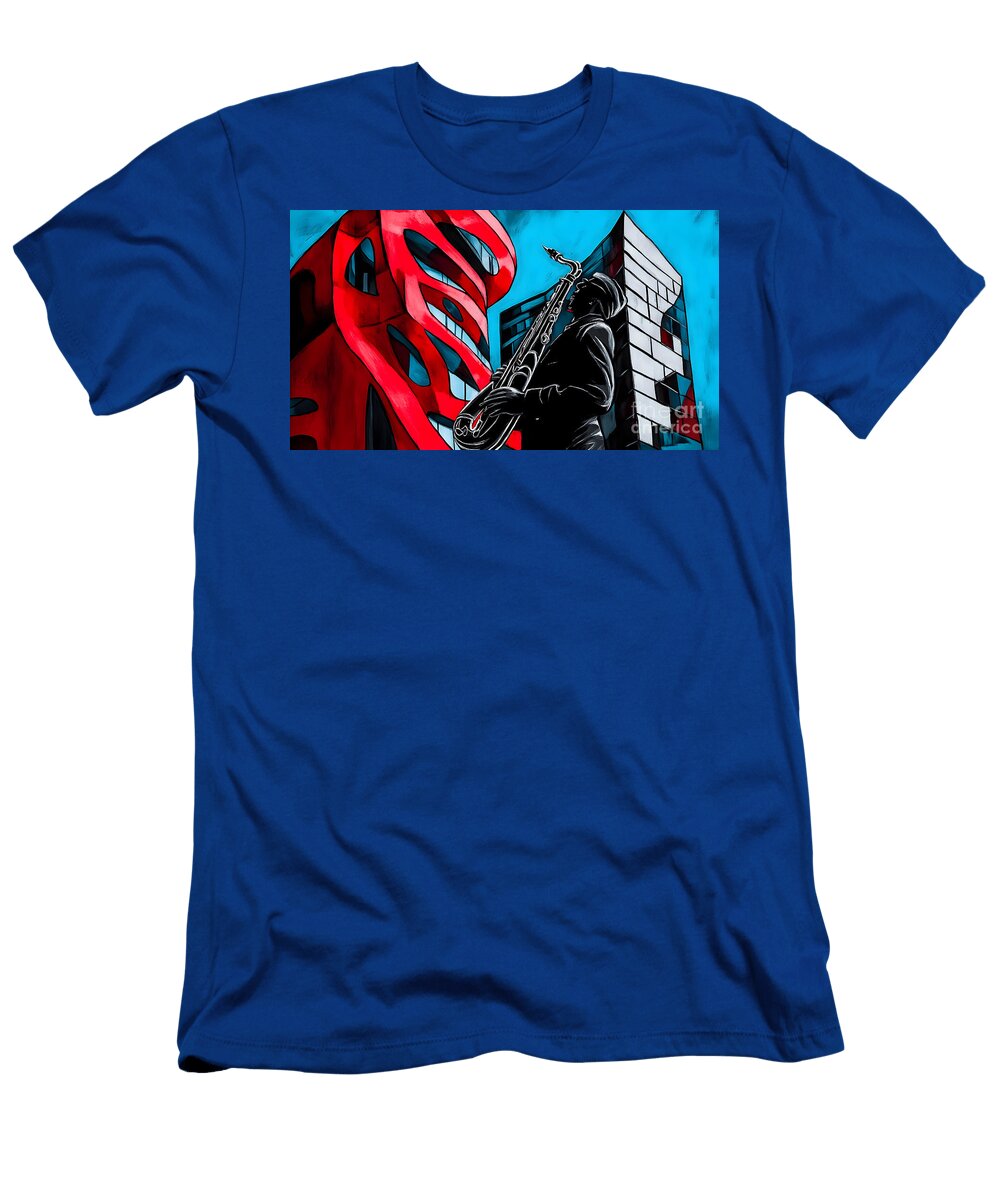 Saxophonist Playing Music Against Modern Architecturally Striking Buildings Bright Red Black Olfactoart Studio T-Shirt