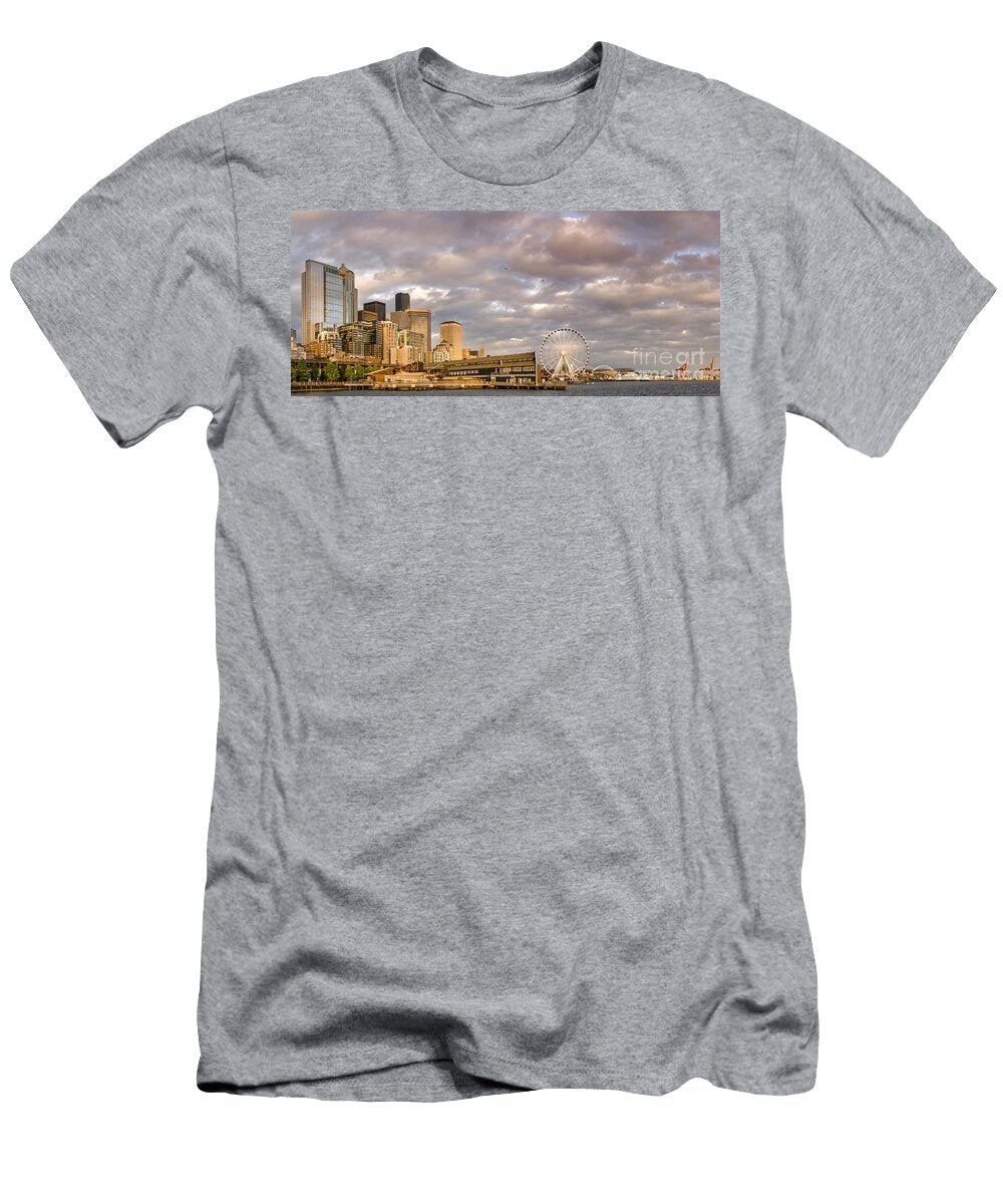 Seattle Waterfront Bathed in Golden Hour Seattle Skyline Washington State Silvio Ligutti T-Shirt