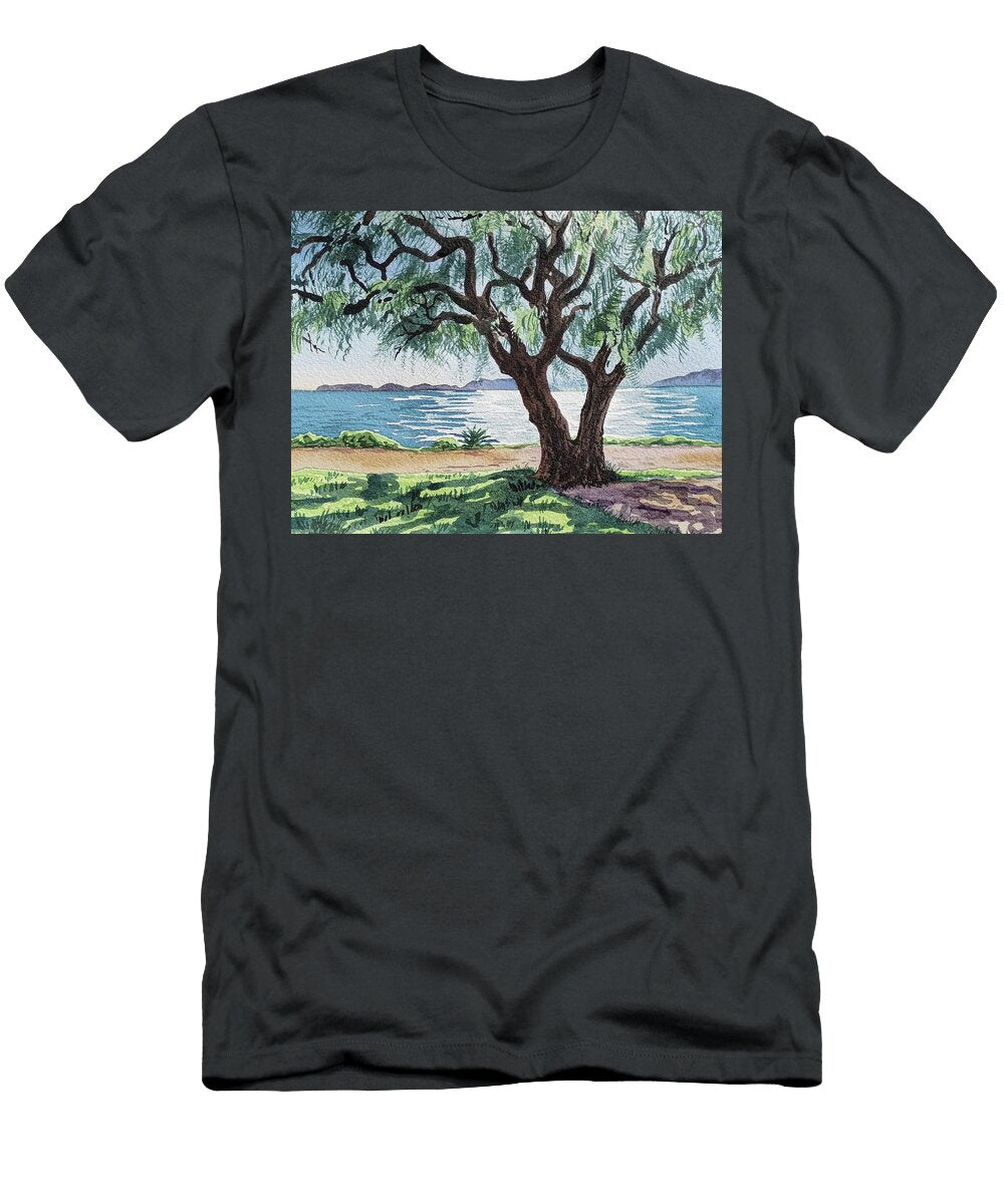 Serene Coastal Landscape with Pepper Tree Watercolor Irina Sztukowski T-Shirt