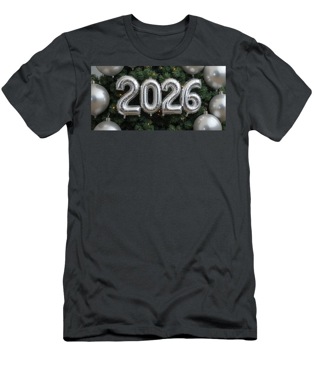 Silver 2026 Balloons with Festive Pine Tree Background New Year Celebration Decoration Talha Khan T-Shirt