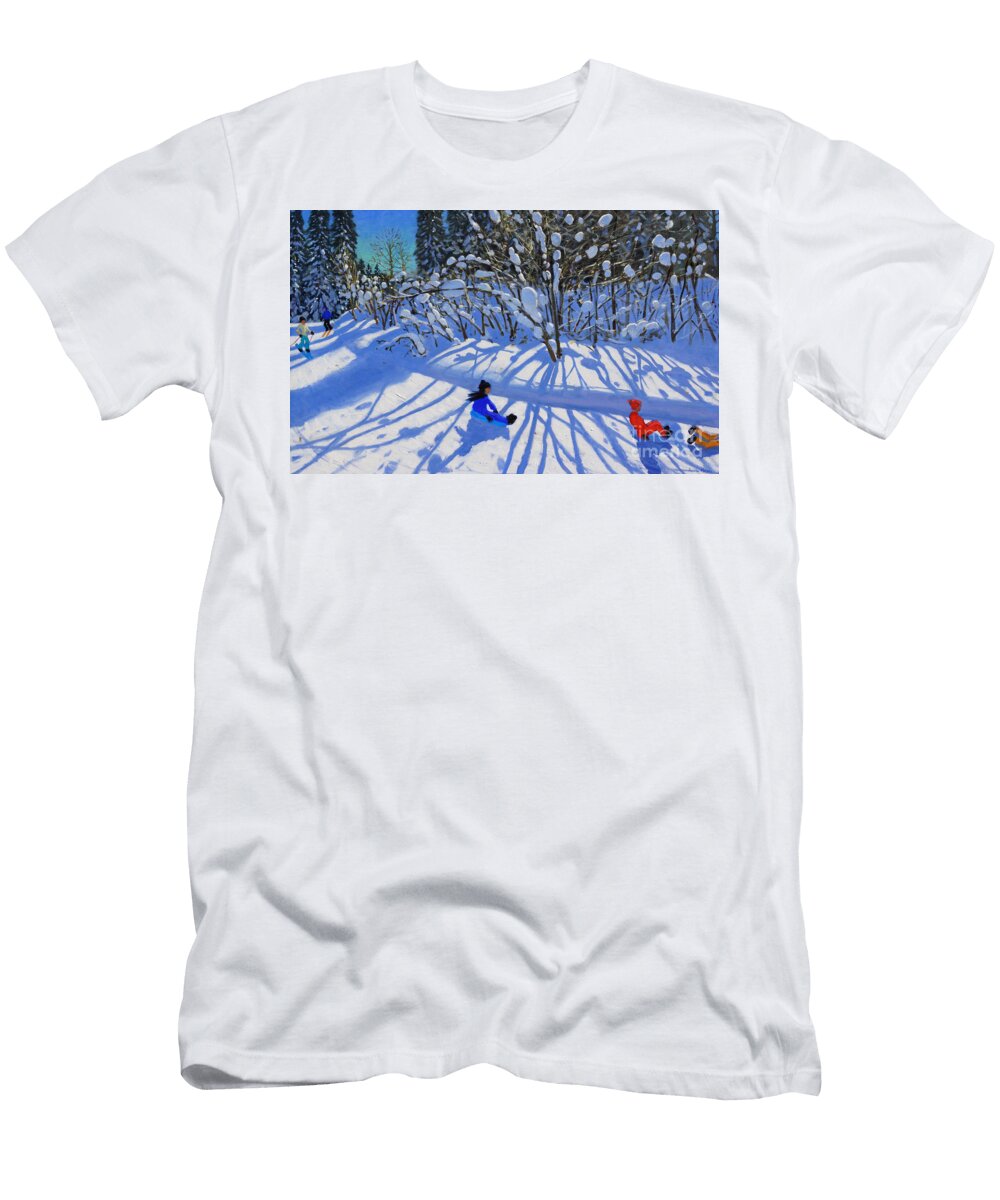 Sledging and Skiing Down the Trail Andrew Macara T-Shirt