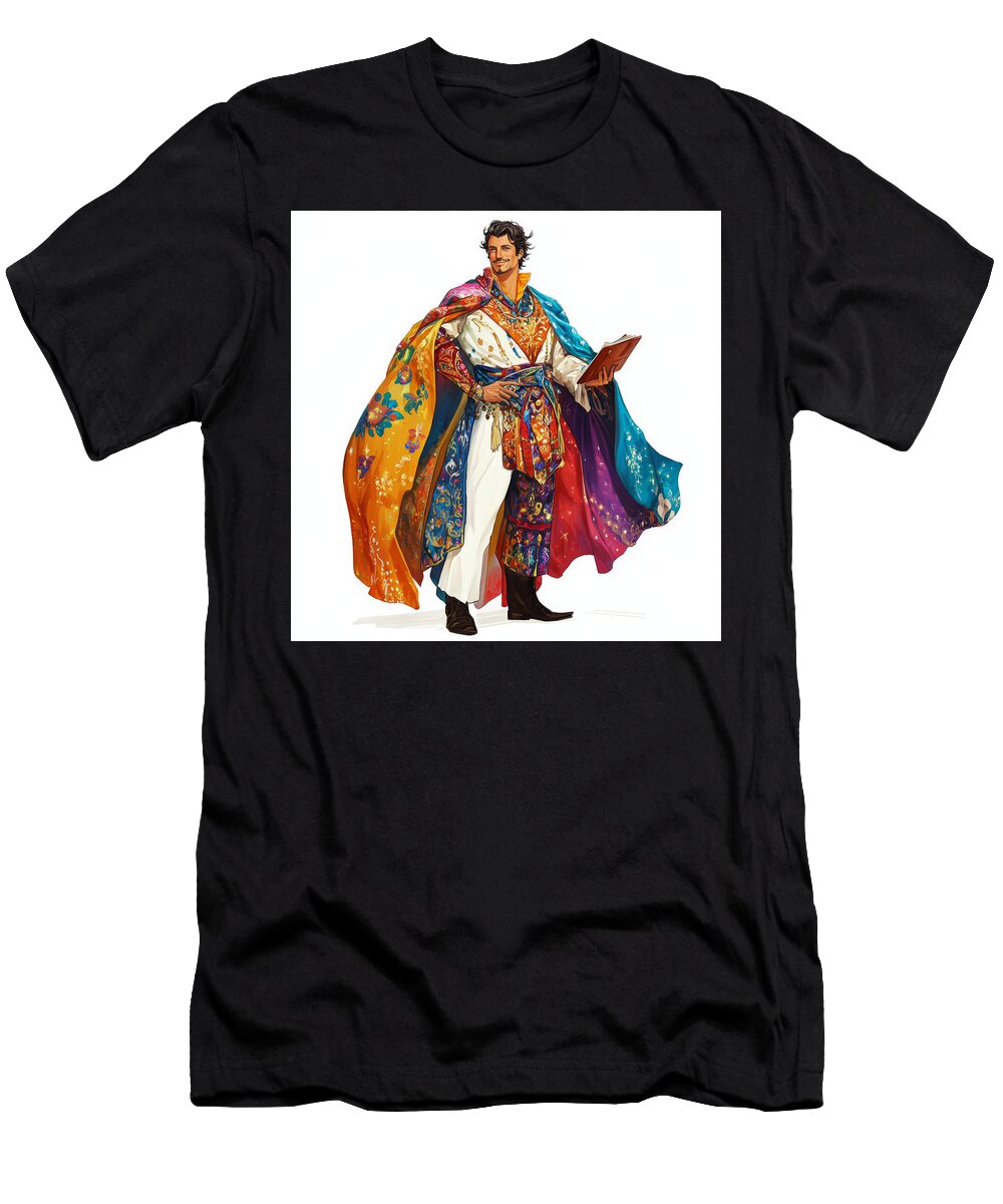 Smiling Man in Colorful Robes Holds a Book Riou Rucas T-Shirt