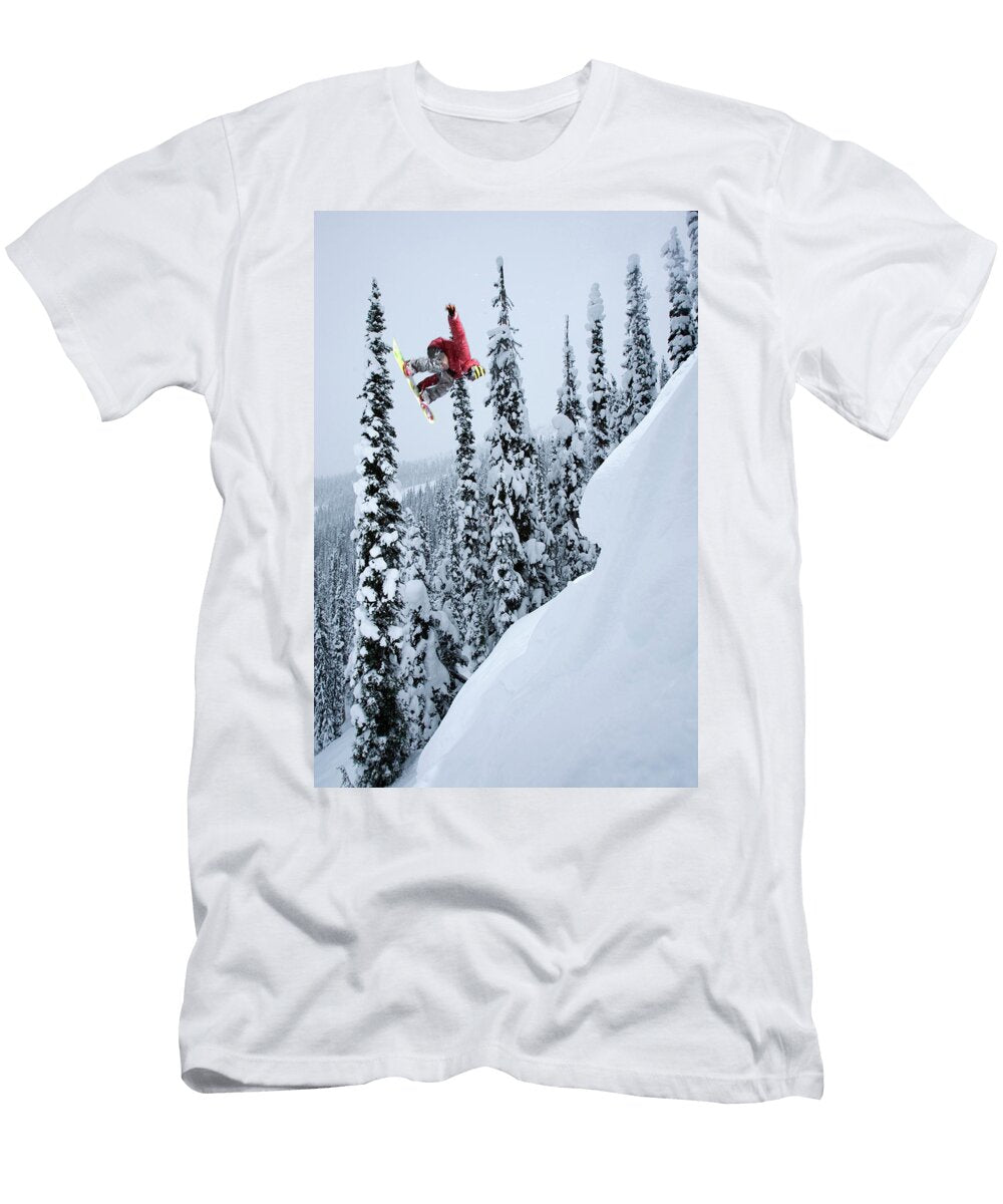 Snowboarder Jumping in the Trees Adam Clark T-Shirt