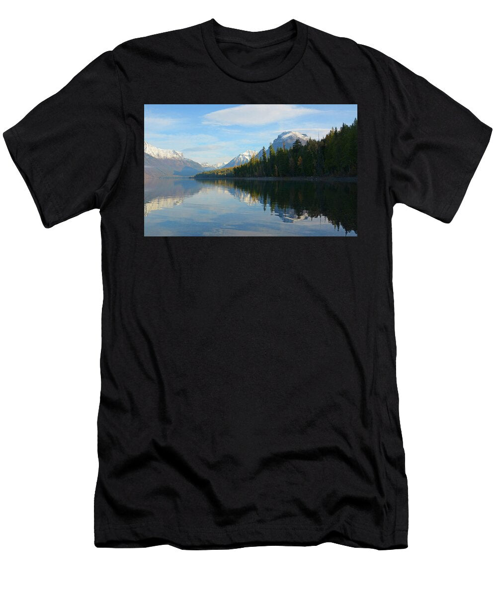 Snowy Peaks At Lake Mcdonald Whispering Peaks Photography T-Shirt