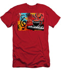 Steaming Coffee Cup on Piano Keyboard with Vibrant Musical Notes Energetic Abstract Composition Olfactoart Studio T-Shirt