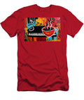 Steaming Red Coffee Cup on Piano Keyboard with Vibrant Musical Notes and Bold Energetic Patterns Olfactoart Studio T-Shirt