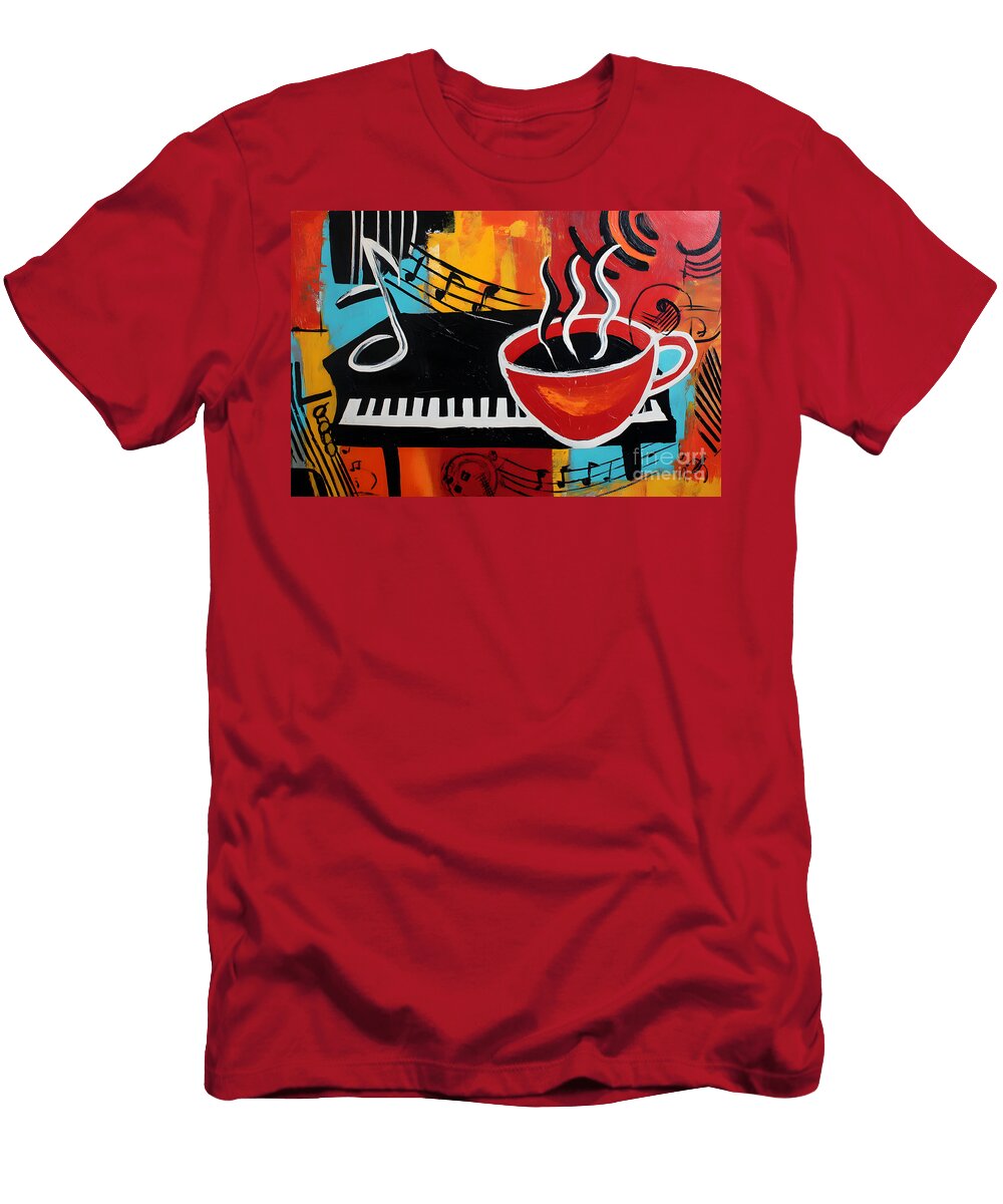 Steaming Red Coffee Cup on Piano Keyboard with Vibrant Musical Notes and Bold Energetic Patterns Olfactoart Studio T-Shirt