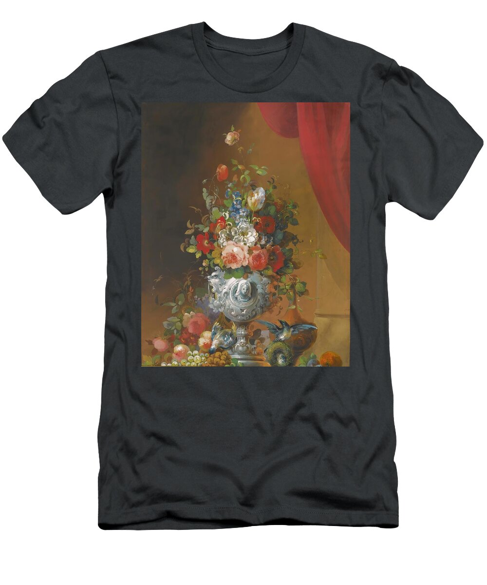 Still Life with Flowers in an Urn Birds and Fruit on a Ledge Below Art Follower of Anne Vallayercoster French T-Shirt