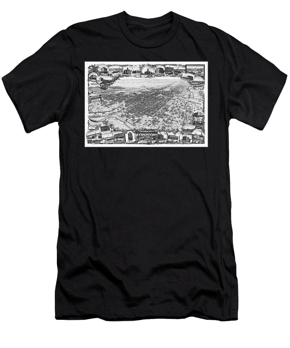 Stockton California Vintage Map Birds Eye View 1895 Black and White Carol Japp T-Shirt