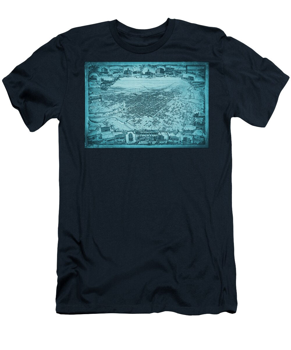 Stockton California Vintage Map Birds Eye View 1895 Blue Carol Japp T-Shirt